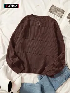 Plus Size Solid Color Drop Shoulder Crew Neck Sweater Pullover, Casual Long Sleeve Round Neck Jumper for Fall & Winter, Women's Plus Clothing for Daily Wear, Knitwear, Tops