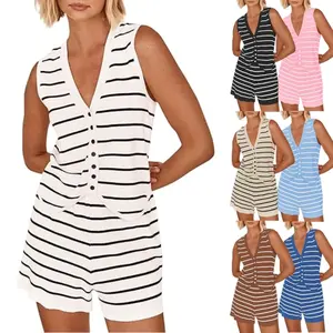 ARTFREE Womens 2 Piece Outfits Summer Striped Casual Lounge Sets Knit Sleeveless V Neck Tops Short Sets