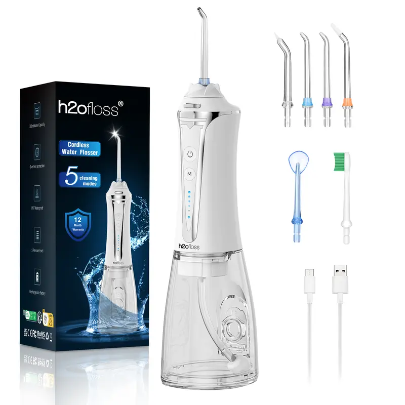 h2ofloss Portable Rechargeable Oral Irrigator P11 White - 5 Water Pressure Modes, IPX7 Rated, 2-Minute Timer, 300ml Detachable Reservoir, 7 Replacement Heads, Plaque & Tartar Removal, Dental Accessories, Self Care Gadget for Home & Travel (Christmas Sale)