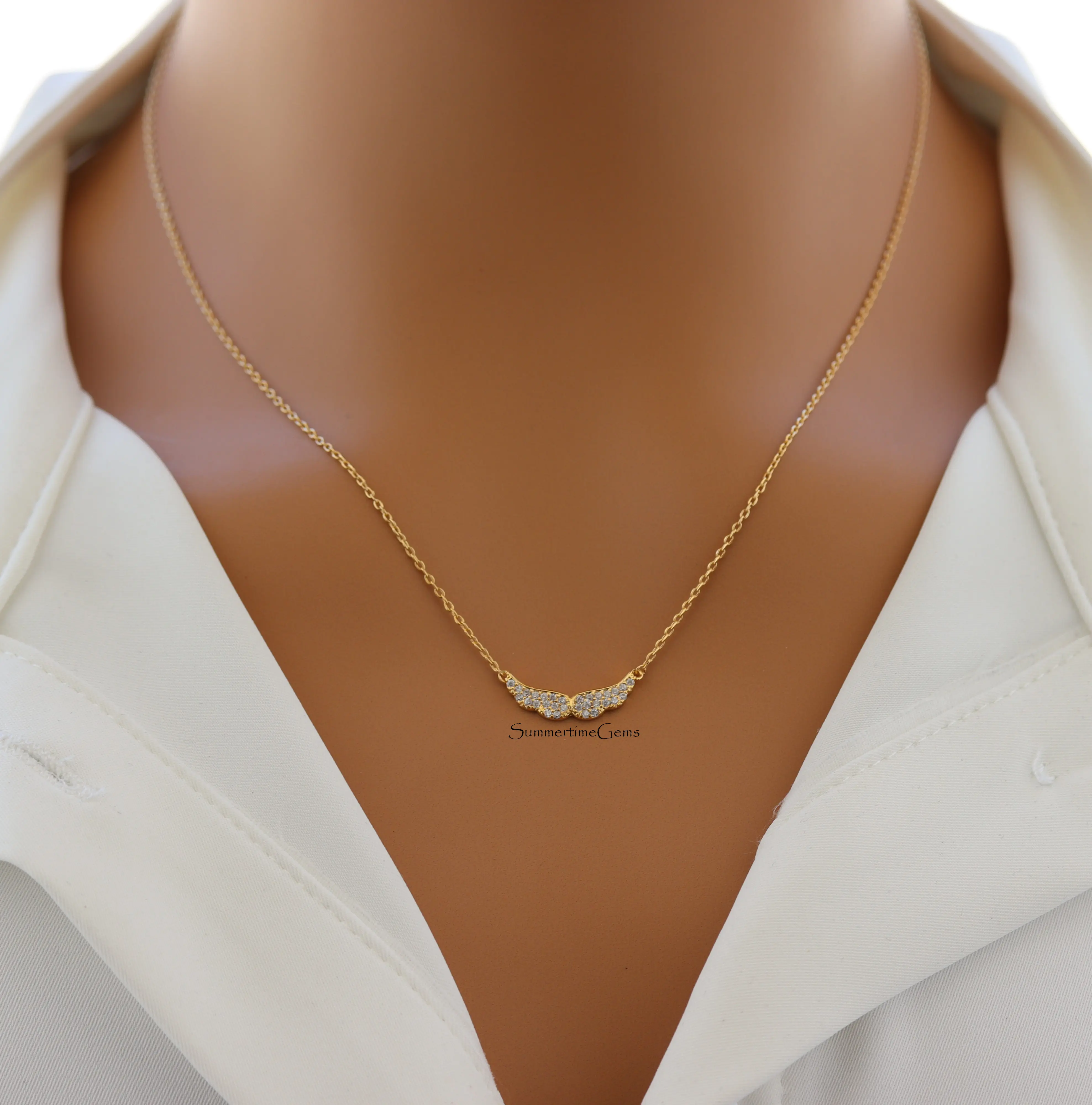 SUMMERTIMEGEMS 18K Gold Plated Pave Angel Wing Pendant Decorative Necklace - Gold Aesthetic, Angel Wing Embellished, Accent Stones Necklace for Protection, Love, Strength