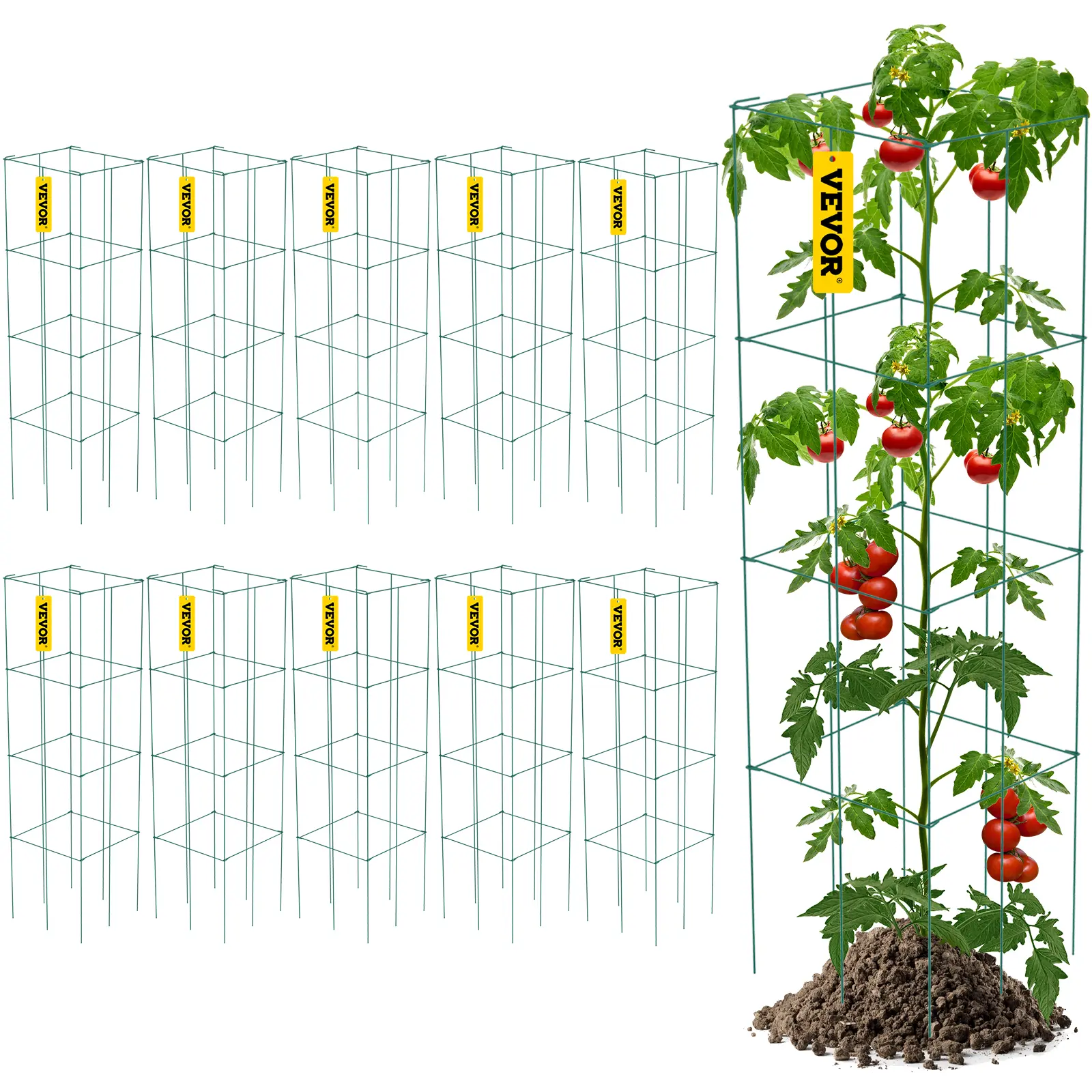 VEVOR 10-Pack Metal Foldable Tomato Cages, 11.8"l x 11.8"w/30x30cm Openings 3-Tier Plant Supports Stakes, 46.1" Tall PVC-Coated Steel Trellis (1/4" Width), 22 lbs/10 kg Capacity, Installation Kit, Outdoor Garden Accessory (Father's Day Gift), 10 Packs