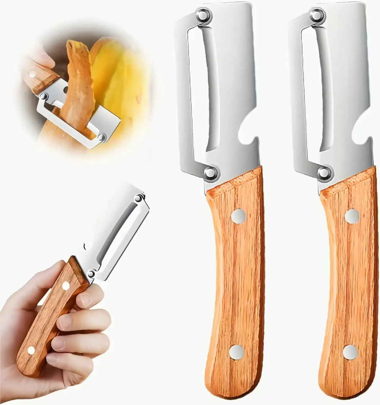 Wooden-Handled Stainless Steel Sharp Peeler with Built-In Bottle Opener for Fruits & Vegetables Ergonomic Non-Slip Handle Long-Lasting Construction Essential Kitchen Tool
