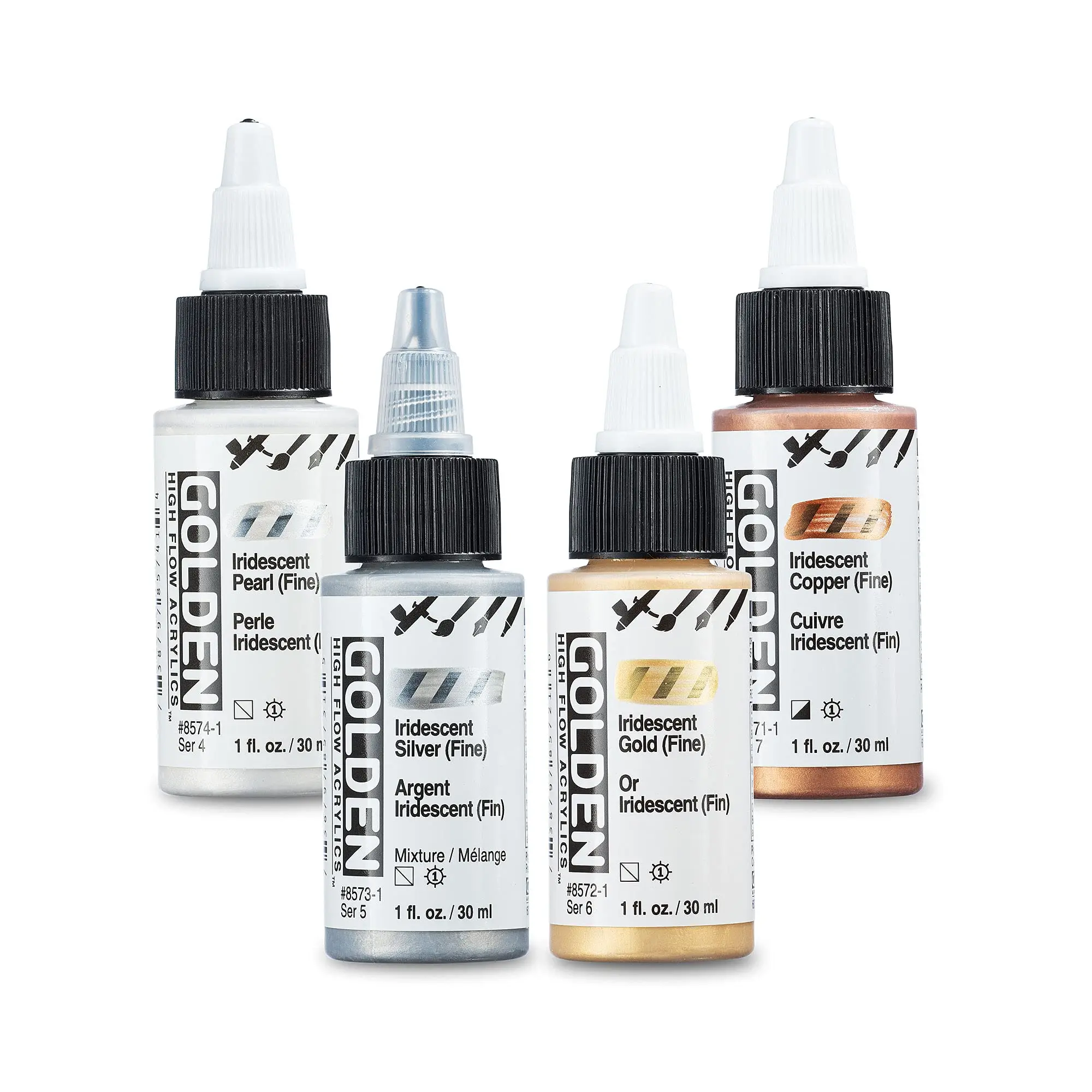 Golden Acrylics High-Flow Metallic Paint Set - 4 Iridescent Colors (Copper, Gold, Silver, Pearl) with Iridescence & Metallic Finish, 1oz for Mixed Media, Calligraphy, Airbrush (Office Ink Supply), Acrylic Paint Markers
