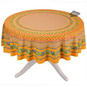 French Provencal tablecloth - Acrylic coated cotton, Spill-proof - 70" Round - Olives mustard yellow | Le Cluny