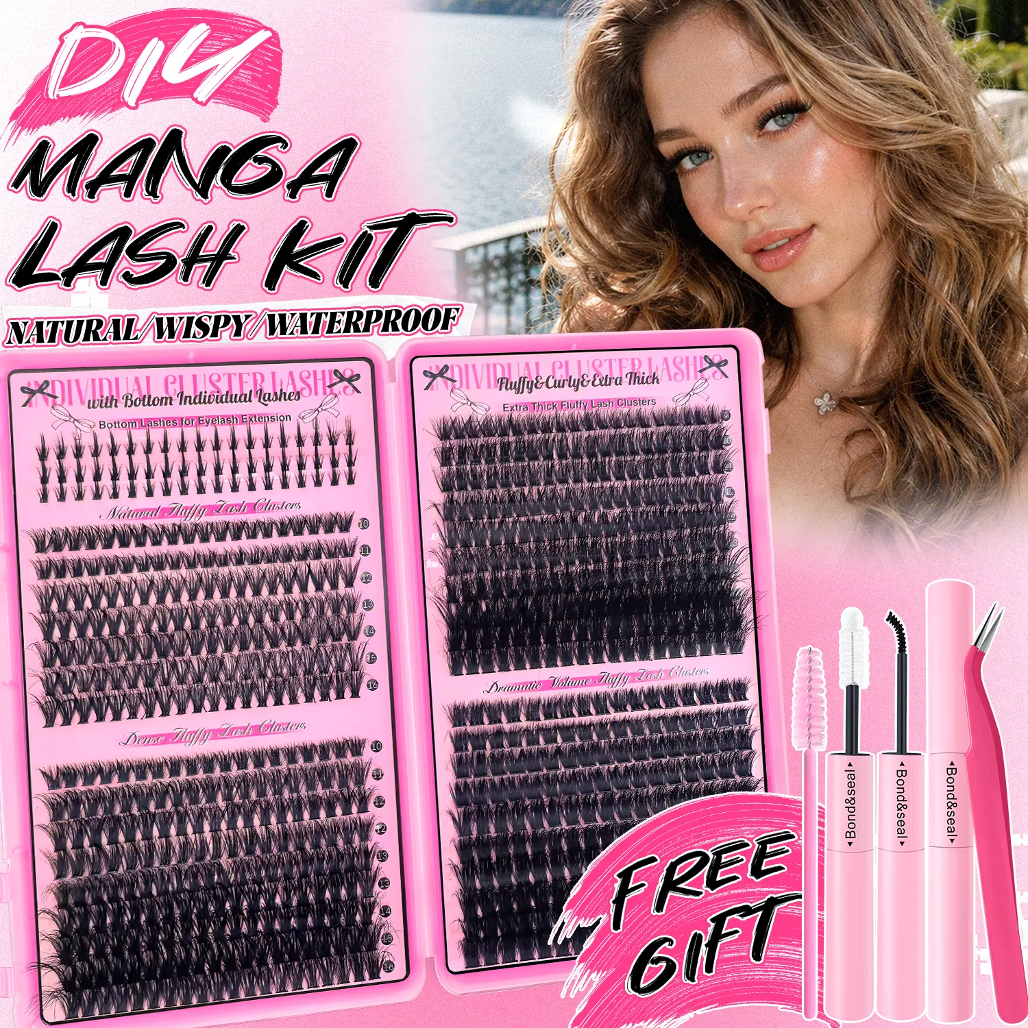 Spiky Manga Lash Clusters Kit Natural Wispy Eyelash Clusters 10-16MM Soft Band DIY Eyelashes Extensions Kit 740PCS C/D-Curly Daily Exquisite Eyelashes with Bond & Seal Glue(40D&60D&80D&100D Lash Makeup Kit)