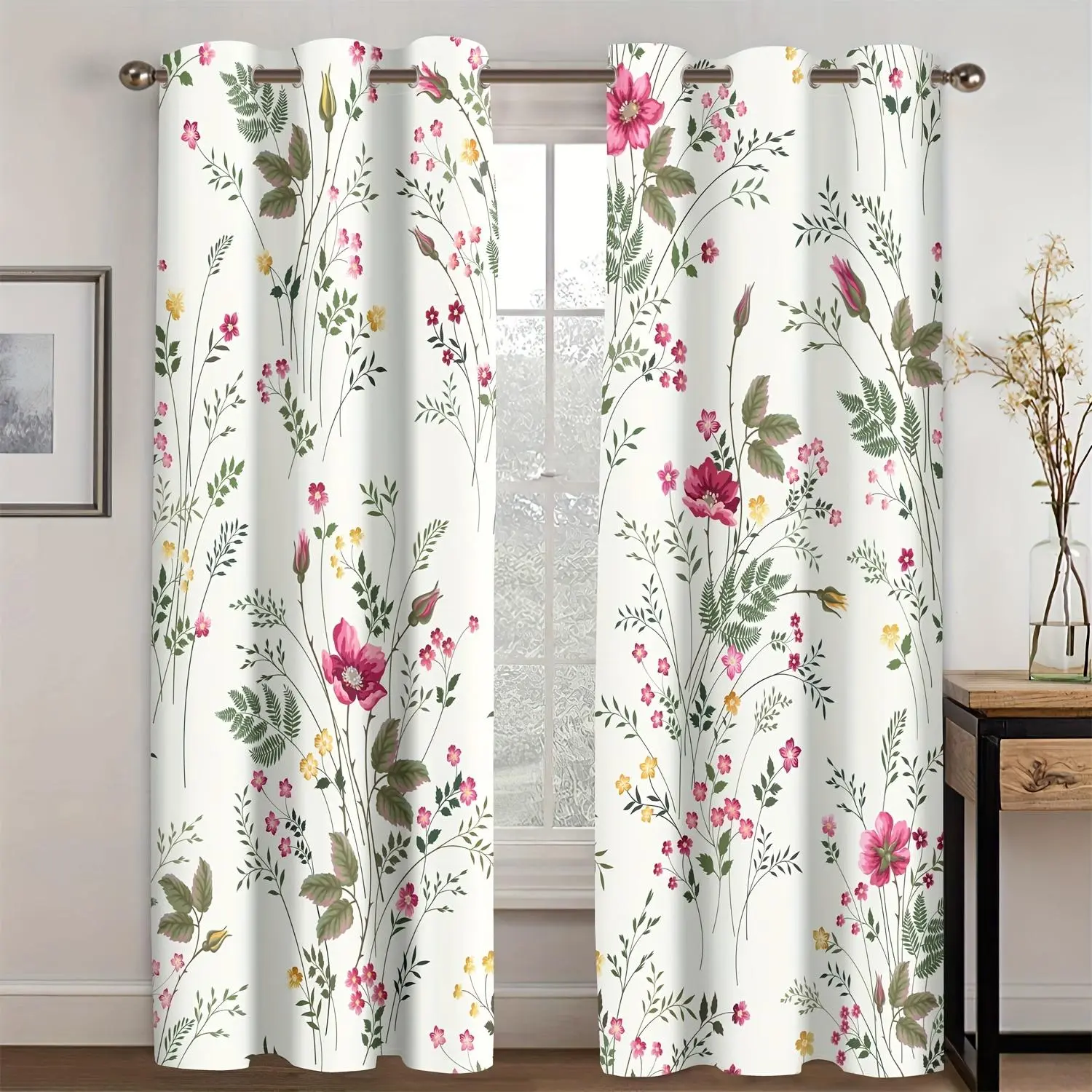 Floral Plant Print Curtain, 2 Counts Semi Blackout Curtain, Machine Washable Curtain for Living Room & Bedroom & Home Decoration, Window Curtain, Home Decorative Curtain, Home Textile, Window Drapes