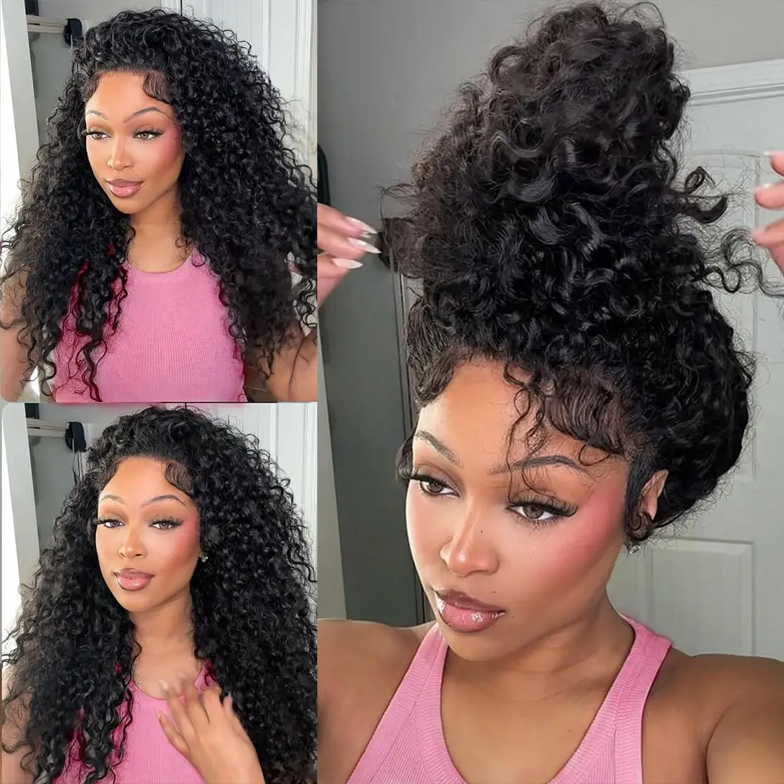Women's Human Hair 360 Lace Front Wig - Glueless Frontal Wig, Deep Wave, Hidden Strap, Pre-Cut HD Lace, Drawstring, Pre-Plucked, Bleached Knots, Natural Black 99J Burgundy 4/27 Highlight Ombre, Lace Front Wig Human Hair