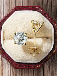 1-carat round moissanite 14K gold-plated earrings, classic, simple, and versatile four-prong setting, perfect for birthday and Valentine's Day gifts