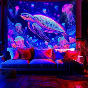 1pc UV-reactive marine tapestry. Glows with sea turtles, jellyfish, and coral reef under blacklight. Wrinkle-resistant peach fabric. Easy hang for bedrooms, living rooms, or glow parties. Ideal for home, office, or event decor. Deep neon ef