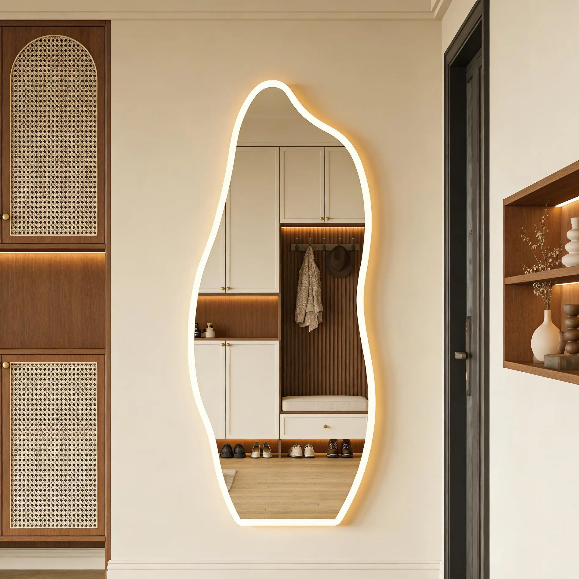 Asymmetrical irregular LED full-length mirror, dolphin/wave-shaped illuminated wall mirror, touch-controlled warm white light, shatter-resistant HD silver mirror, perfect for modern decor in entryways, bedrooms, and bathrooms