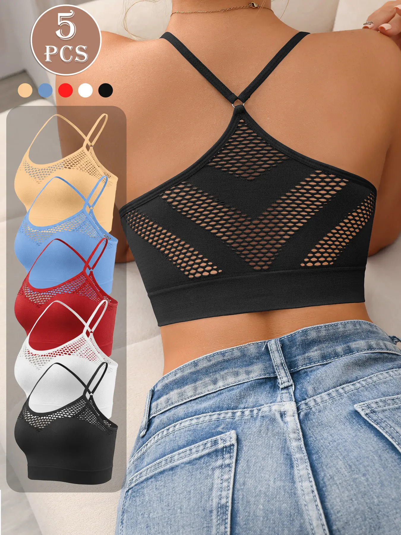 5 Pack Women Wireless Crisscross Back Hollow Out Bralette, Breathable Soft Skin-Friendly Thin Spaghetti Straps Daily Yoga Camisole Bra