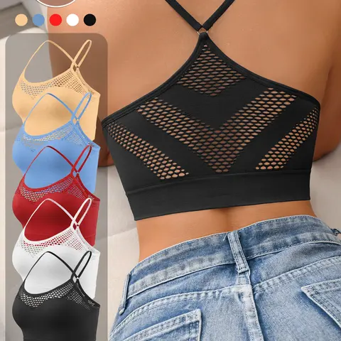 5 Pack Women Wireless Crisscross Back Hollow Out Bralette, Breathable Soft Skin-Friendly Thin Spaghetti Straps Daily Yoga Camisole Bra