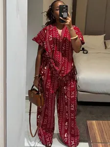 Women's Fashion Printed Short Sleeved Drawstring Waist Slimming Shirt Wide Leg Pants African Style Western-Style Suit