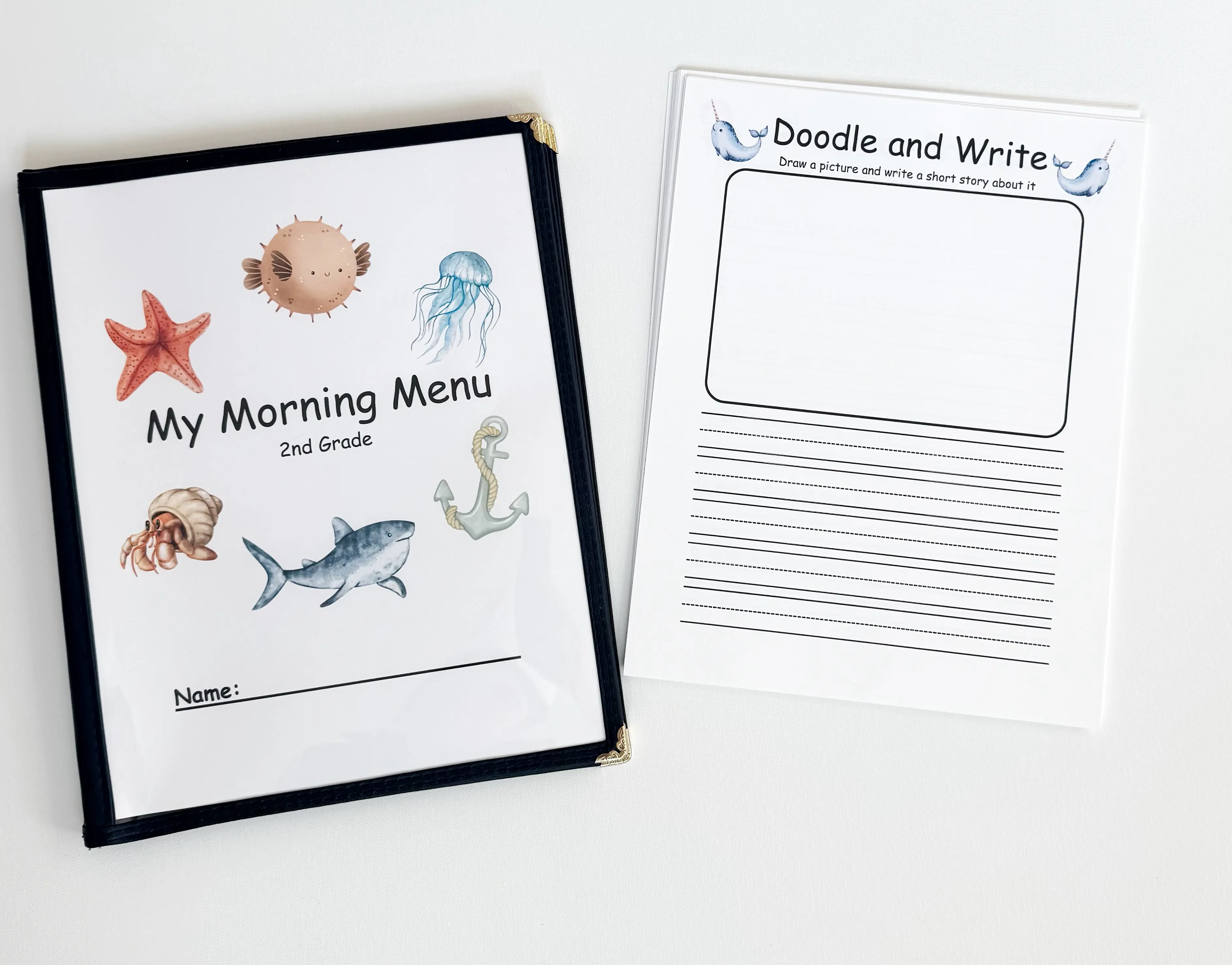 2nd Grade Morning Menu with 22 Activity Pages Kid's Activity Book for Homeschool Curriculum Learning Book Reusable Educational Pages Writing Prompts