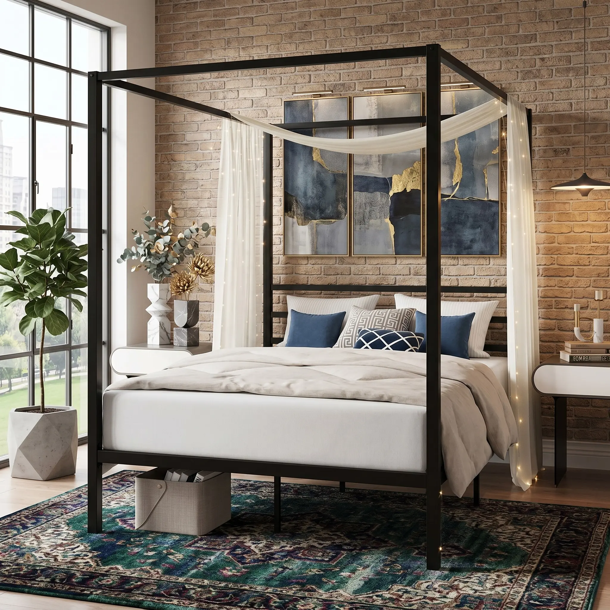 Black Iron 4-Post Canopy Metal Bed Frame - Multi Sizes Including Queen Size, Stable Support, Large Under-Bed Storage, Noise-Free Slats, No Box Spring Needed, Easy Assembly for Modern Bedrooms, Bedframes