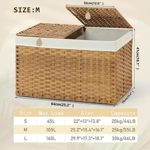 Storage Basket with 2 separate Lid, 27.74gal Handwoven Rattan Shelf Basket with Cotton Liner and handles, Storage Box Basket for Bedroom, Laundry Room, 25.2 * 15.4 * 16.1 Inches (Natural), Shelf Baskets