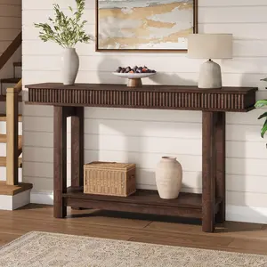 Garvee Farmhouse Fluted Console Table with 2 Tiers, Wooden Entryway and Sofa Table Featuring Shelf Storage, Rectangular Narrow Design Ideal for Entry, Hallway, Living Room, or Behind Couch