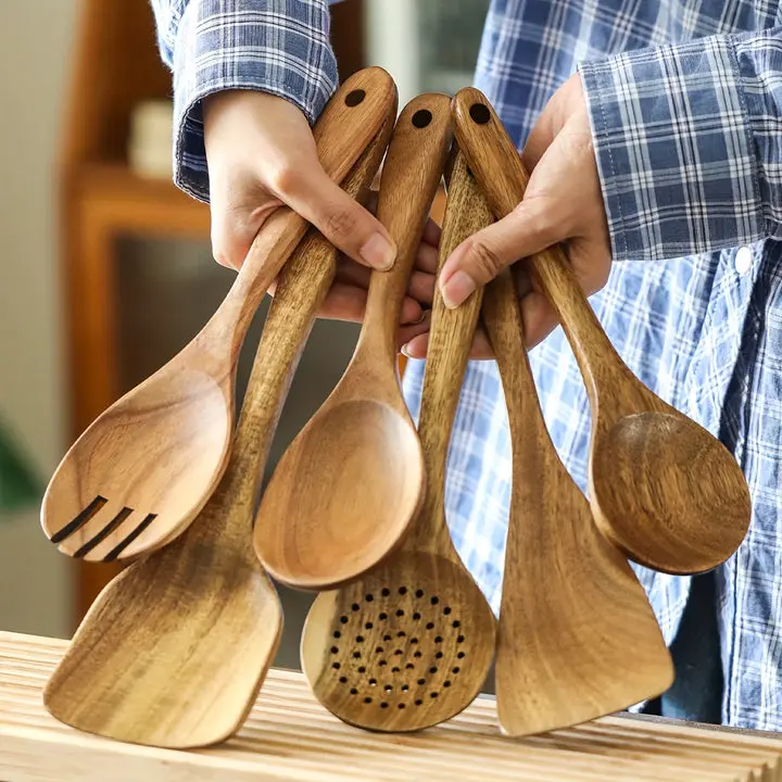 Premium 6pcs Wooden Kitchen Utensil Set with Sturdy Handles for Cooking Tasks