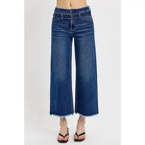 RISEN Raw Hem Wide Leg Attached Buckle Jeans