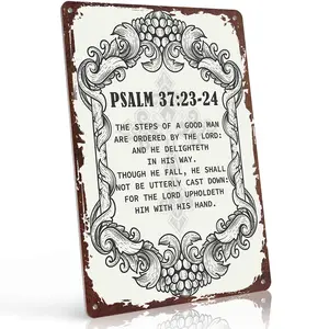 Psalm 37:23-24 Black & White Line Art Bible Verse 12x8 Inch Aluminum Metal Sign - Retro Rustic Christian Home Decor, Scripture Wall Art