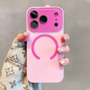 Macaron color minimalist Aesthetic girl's large window instantly changes to 17 magnetic all inclusive lens with frosted texture suitable for iPhone 17, 17Air 16 Pro Max 15, 14Plus 13, 12 Pro Max compatible with Magsafe wireless charging phone case