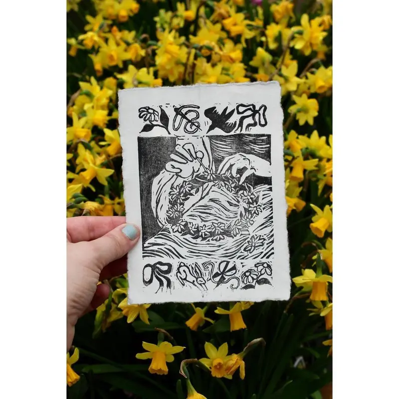 Flower Crown Handmade Linocut Block Print 5x7 Inches - Delicate Linen Paper Artwork with Wildflower Daisy Chain Sewing Girly Bows Perfect for Soft Wall Decor or Gifting