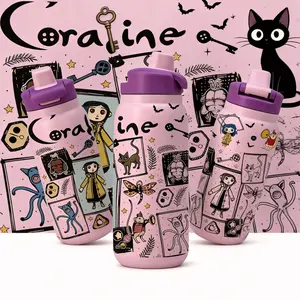 28oz Coraline Inspired Straw Insulated Tumbler, Dark Fairy Tale Aesthetic with Creepy Cute Cartoon Art, Double Wall Vacuum Stainless Steel Keeps Drinks Hot or Cold for Hours, Leak Proof Straw Lid, Big Capacity Bottle for Movie Fans and Weirdcore Lovers