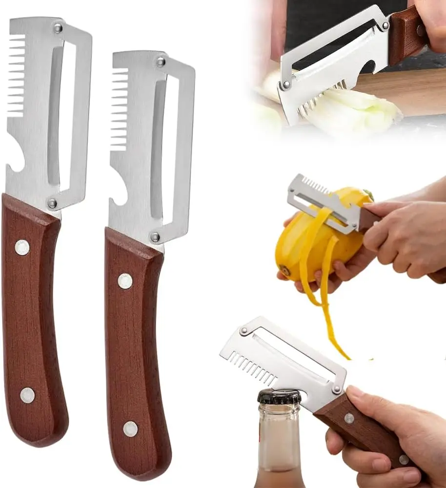 2-Pack 3 in 1 Multi Functional Vegetable Peeler,Stainless Steel Kitchen Tool with Wooden Handle, Fruit Peeler, Julienne Slicer & Bottle Opener for Potato, Apple