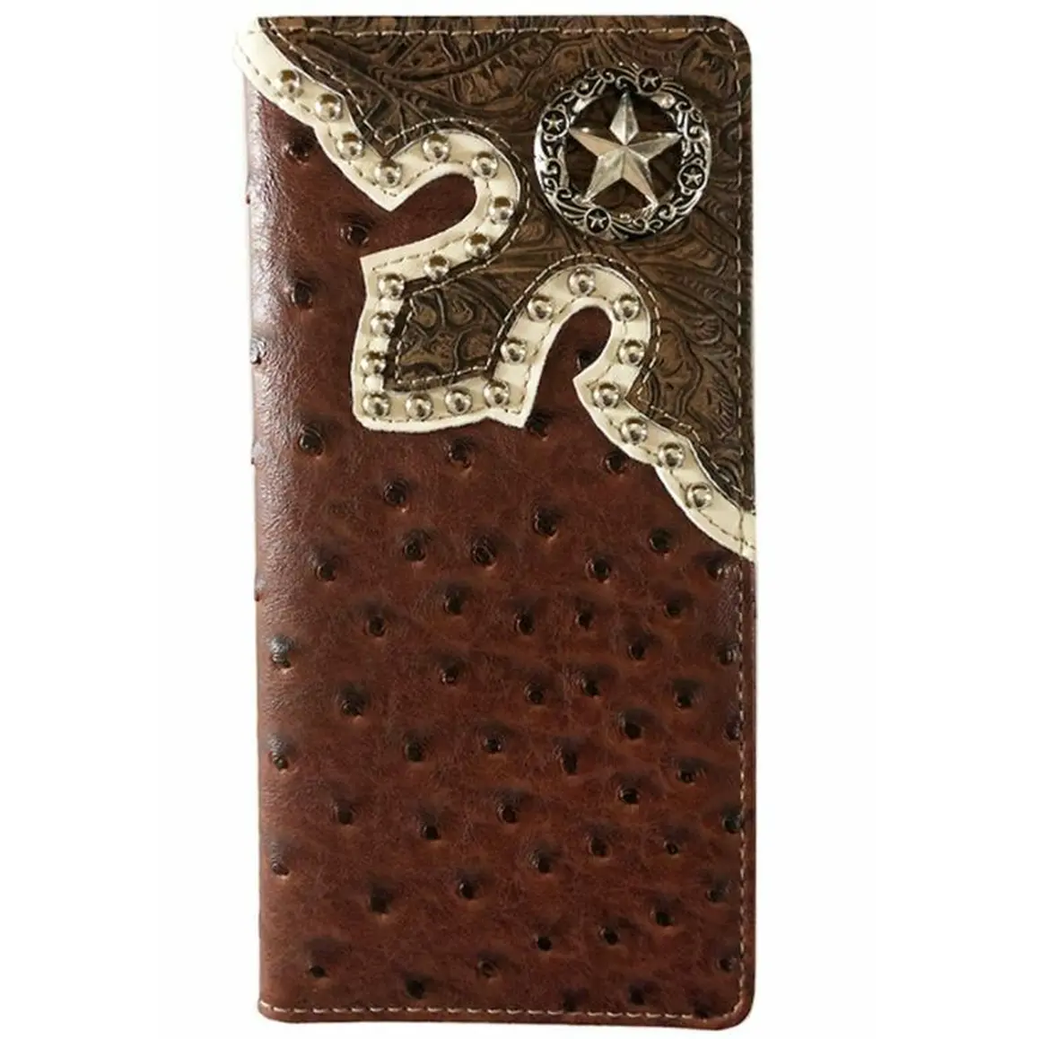 Lone Star Western Bifold Men’s Wallet Ostrich Brown Checkbook Style