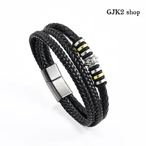 Men's Multi-Layer Braided Leather Bracelet with Alloy Beads, Magnetic Clasp