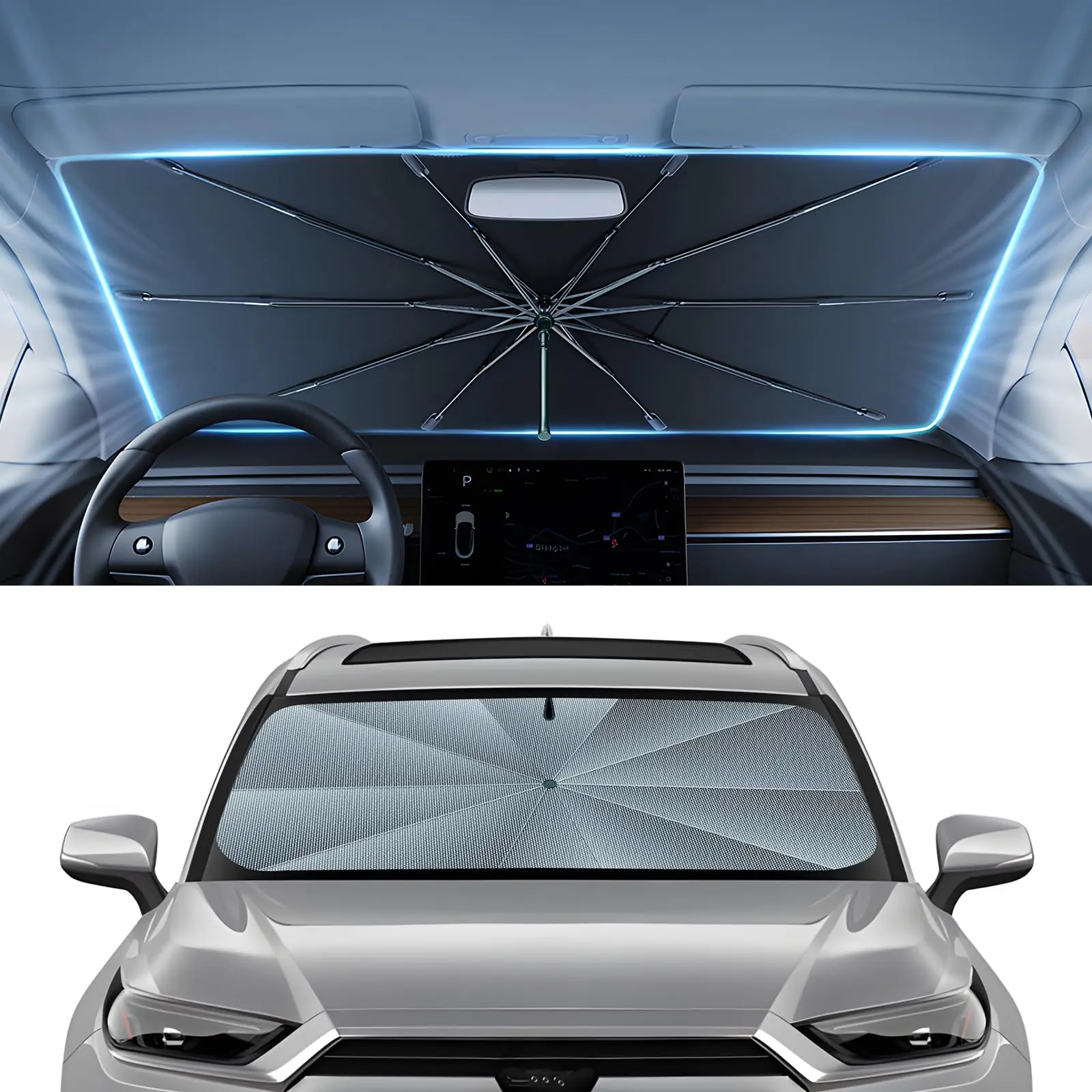 Foldable Anti-UV Windshield Sunshade Umbrella, Car Front Window Heat Protector for Sedans, Multipurpose Automotive Exterior Accessory for Men & Women
