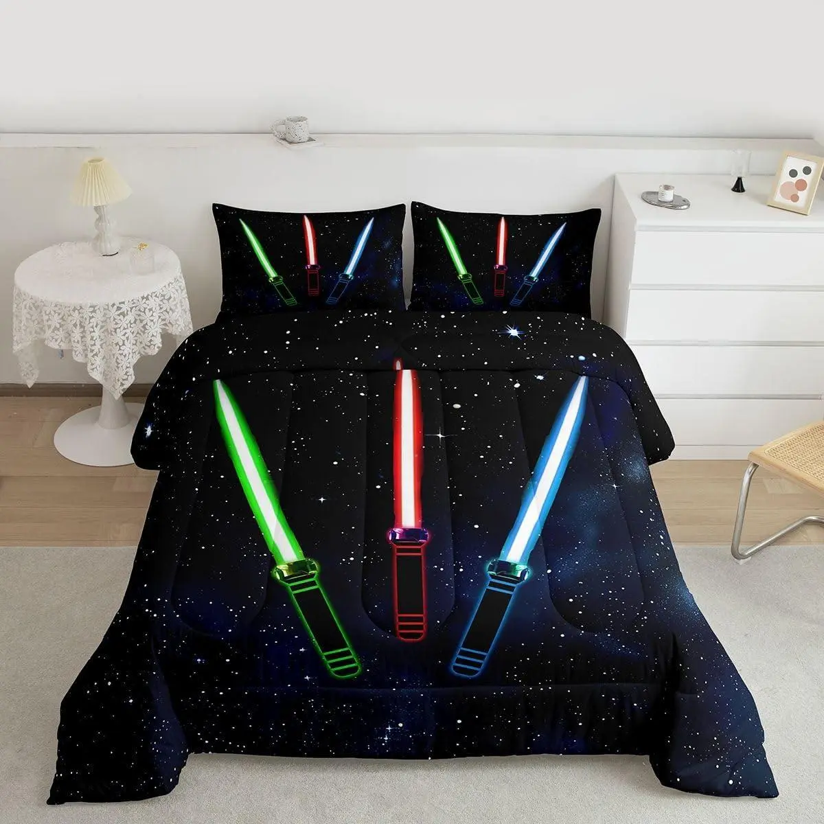 Teens Lightsaber Comforter Set,Green Red Blue Bedding Set for Kids Boys Girls Bedroom Decoration,Starry Sky Galaxy Bed Duvet Insert,Cool Lightsaber Comforter