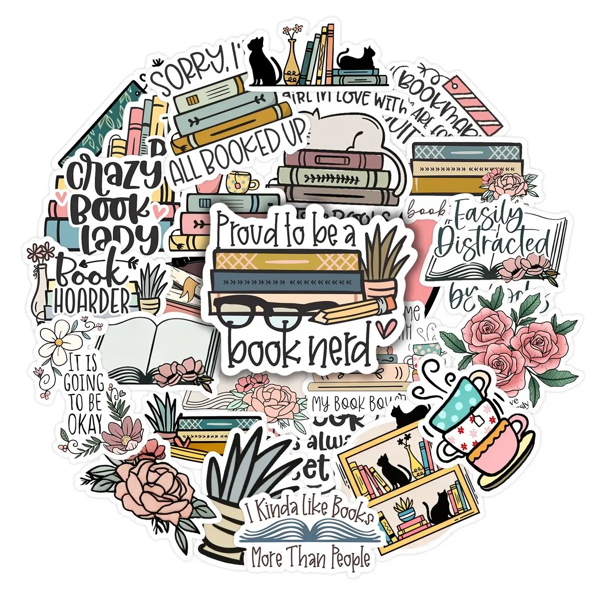 25Pcs Book Lover Stickers Pack, Waterproof Reading Quote & Book Nerd Vinyl Decals, Floral Pattern Sticker for Laptop, Water Bottle, Journal & Scrapbook, Bookworm Gift, Die Cut Stickers, Stickers For Scrapbooking