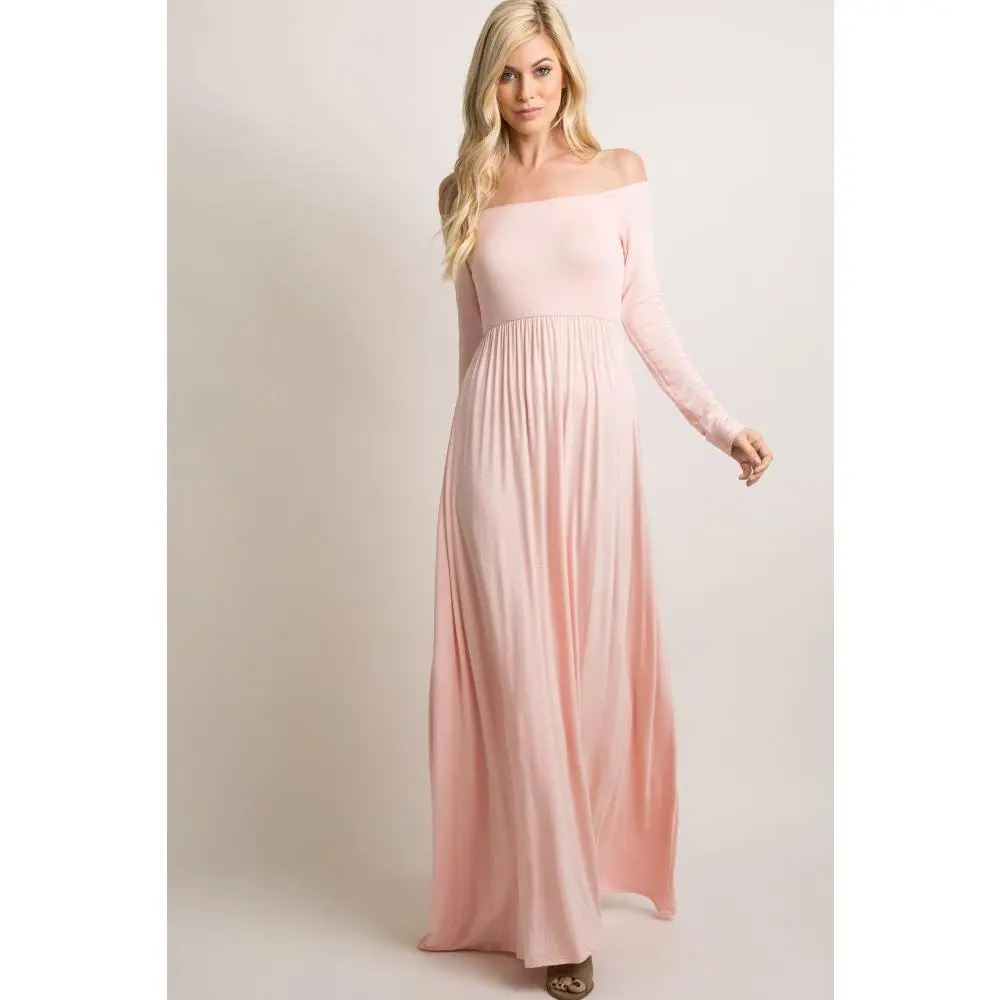 PinkBlush Pink Solid Off Shoulder Maxi Dress, Women, Casual