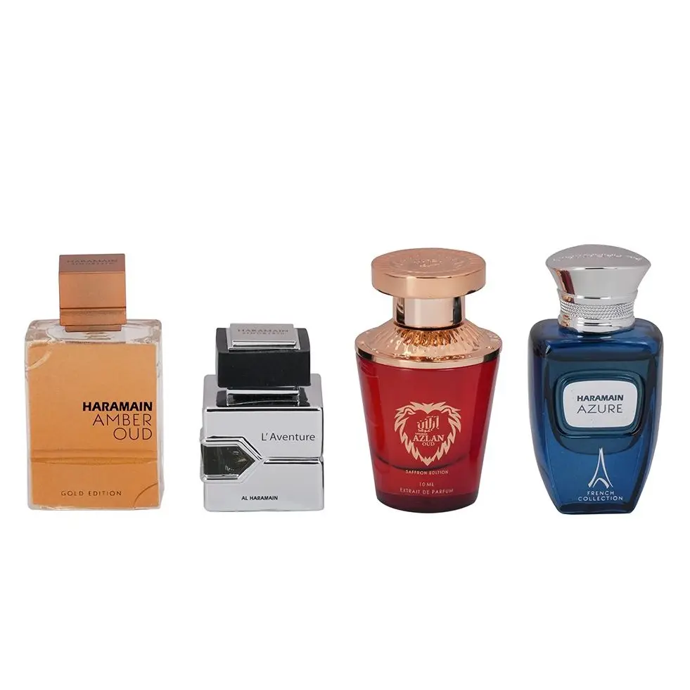 Al Haramain 4-piece Gift Set for Unisex (10 Ml Amber Oud Gold Edition + 10 Ml  L'aventure + 10 Ml  Azlan Oud Saffron Edition + 10 Ml Azure)