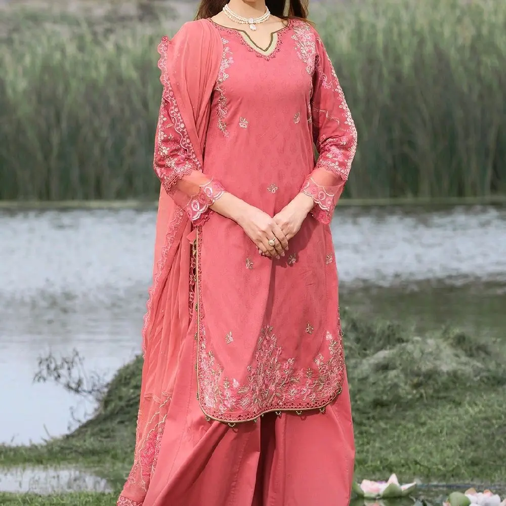 3pc stitched beautiful lawn suit with embroidery work and chiffon dupatta