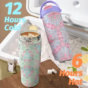 PIKPAKA Colorful Mandala Pattern Vacuum Flasks 700ml Ceramic Lined Tumbler with Tea Infuser & Hidden Straw, Vacuum Insulated Travel Mug, Long Cold Retention Coffee Water Bottle with Handle & Non-Slip Base