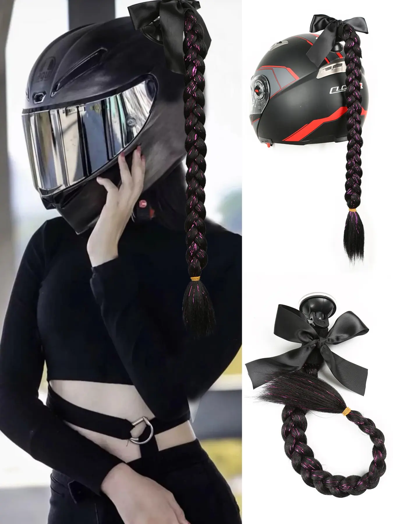 Lehanhair 20 Inch Colorful Glitter Bow Decor Hair Braids, Synthetic Braiding Hair, Synthetic Hairpiece, Ombre Color Helmet Hair Extensions, Helmet Braids with Detachable Suction Cup, Motorcycle Helmet Braided Ponytails, Synthetic Hair Piece