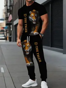 Men's 3D Tiger Print Tracksuit Set – Short Sleeve T-Shirt & Jogger Pants Casual Streetwear
