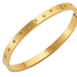 CZ Cuff Bangle Bracelet - Stainless Steel - Waterproof - Diamond Stackable Bracelet - Hinged Cuff Design