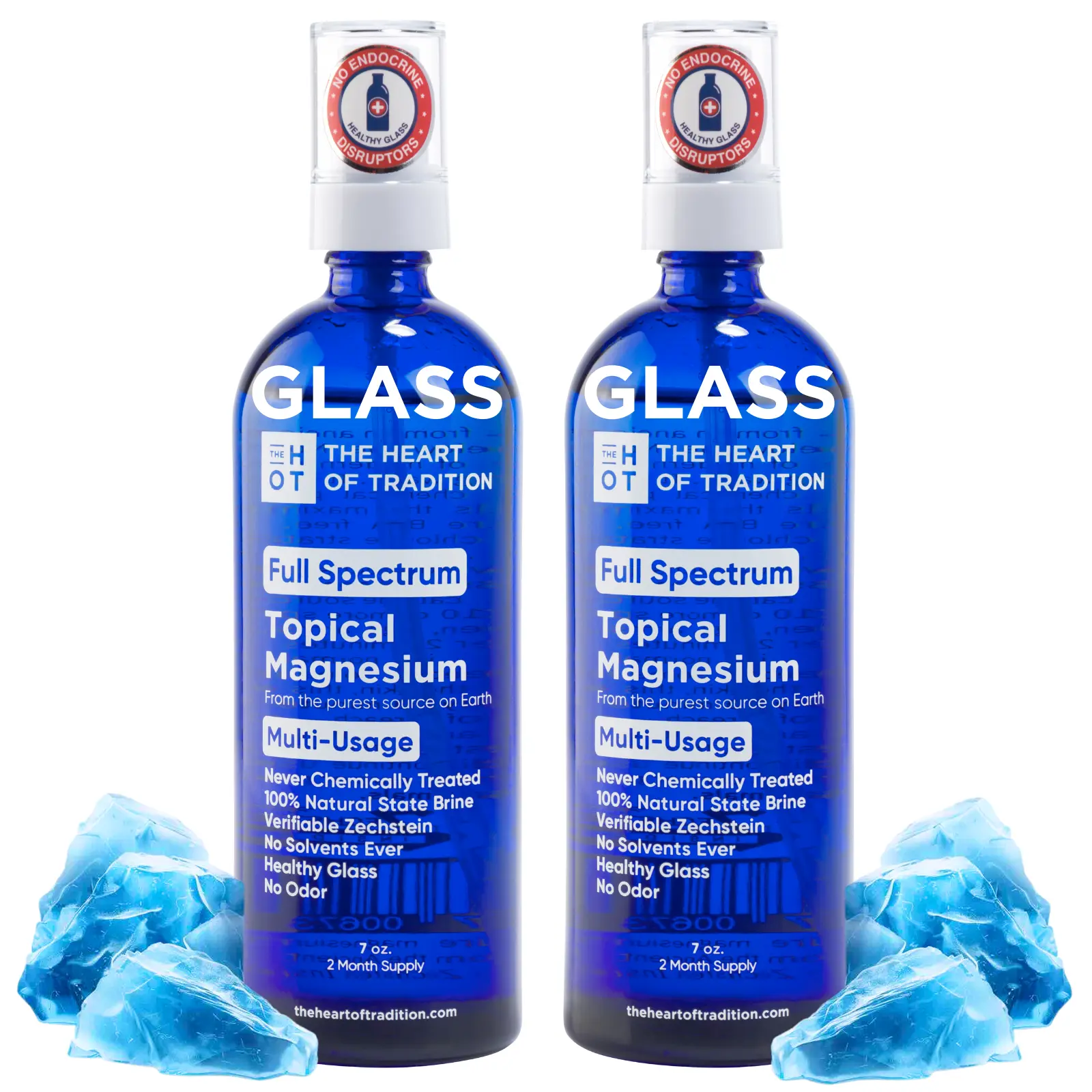 Heart of Tradition Full Spectrum Topical Magnesium DOUBLE PACK for Cramps, Pain, Sleep, Skin & Teeth - Natural Glass Bottles