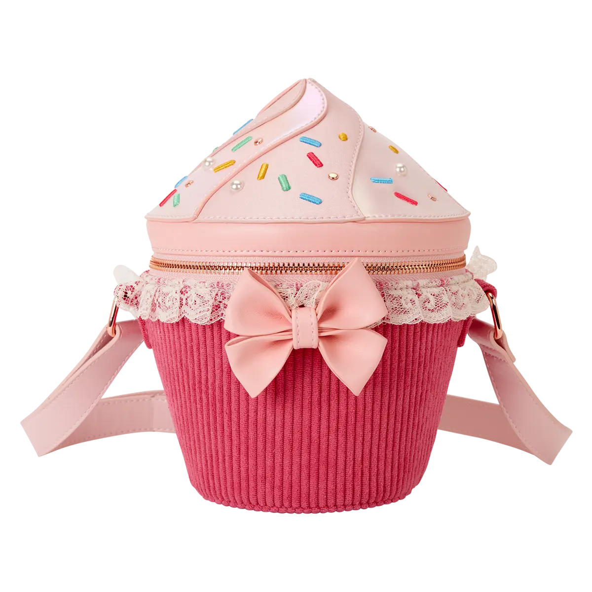 Loungefly Sweet Cupcake Figural Crossbody Purse with Shimmer Faux Leather, Velvet Details, 3D Bow and Faux Pearls