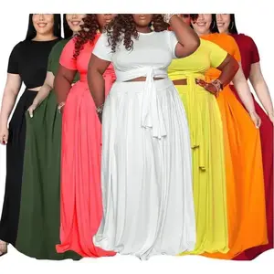 Womens Plus Size 2 Piece Dress Outfits Solid Color Crop Top Maxi Skirts Set