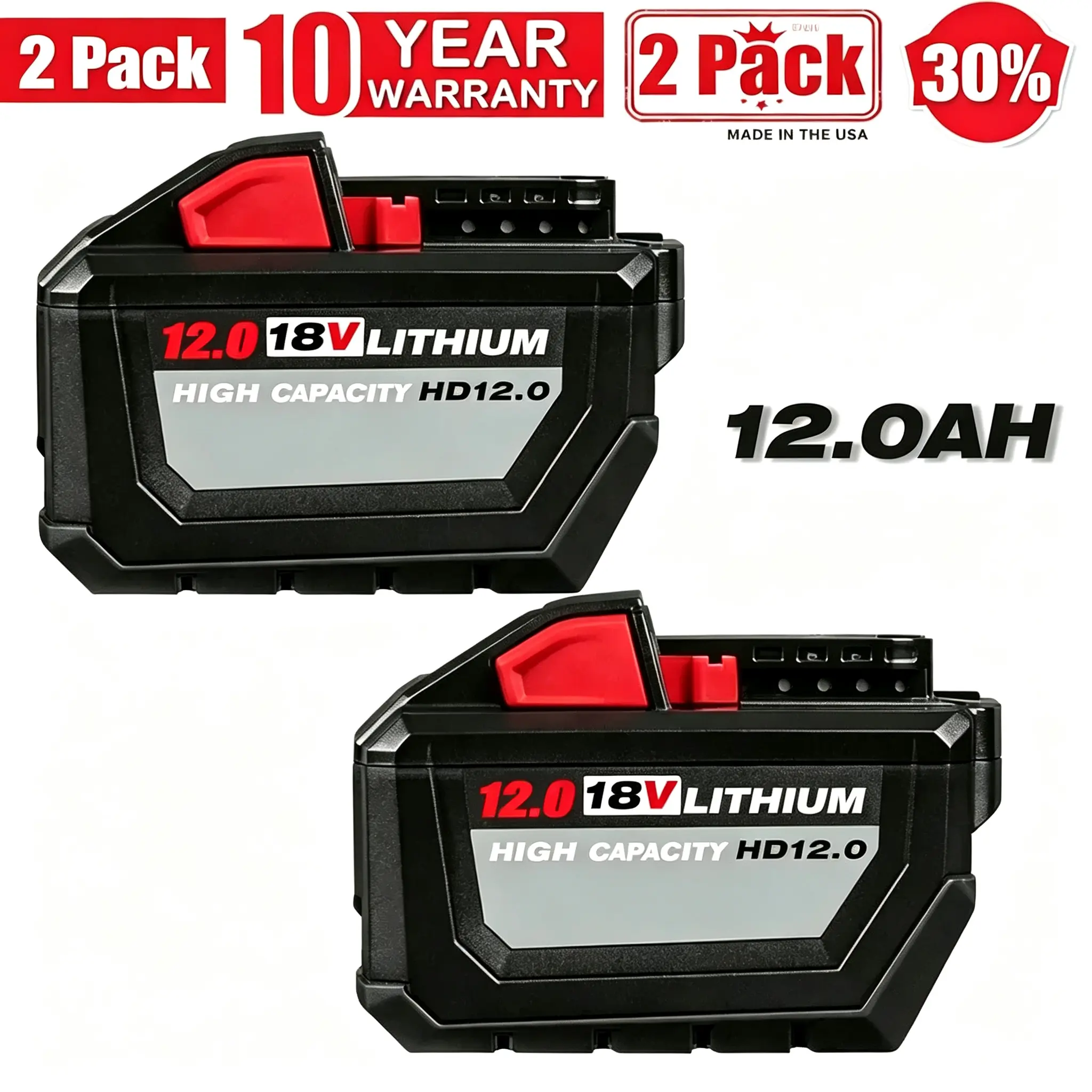 2pcs 6x 12.0Ah 18V Lithium Replacement Batteries for Milwaukee M18 Tools, Compatible with 48-11-1850/1860/1880, High-Capacity Pack with LED Indicator, Protection System, 90 Days Money Back