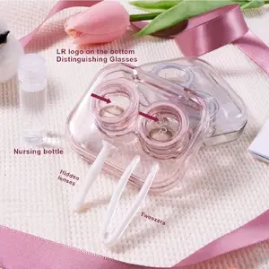 Ju Contact Case Acrylic Box - Transparent White Plastic with Hidden Lenses & Tweezers - Nursing Bottle Design Pink