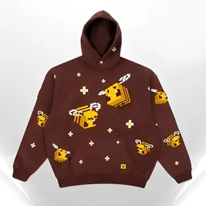 Brown Pixel Bee Pullover Hoodie – 3D Embroidered Oversized Streetwear