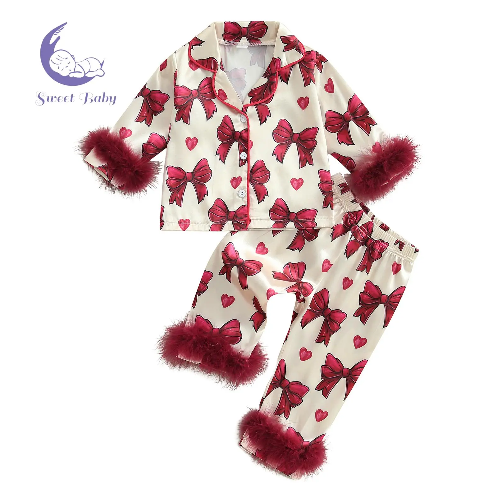 Baby Girl Satin Pajamas Set Bow Print Feather Cuffs Long Sleeve Lapel Button Down Tops With Pants Sleepwear