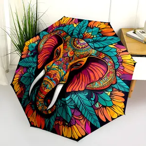 1 PC Automatic Folding Umbrella - Colorful Elephant Mandala Artwork Pattern, Portable & Foldable Design with 8 Ribs, Merry Christmas Pattern,Casual Outdoor Accessory Halloween and Christmas Birthday Gifts. G00173