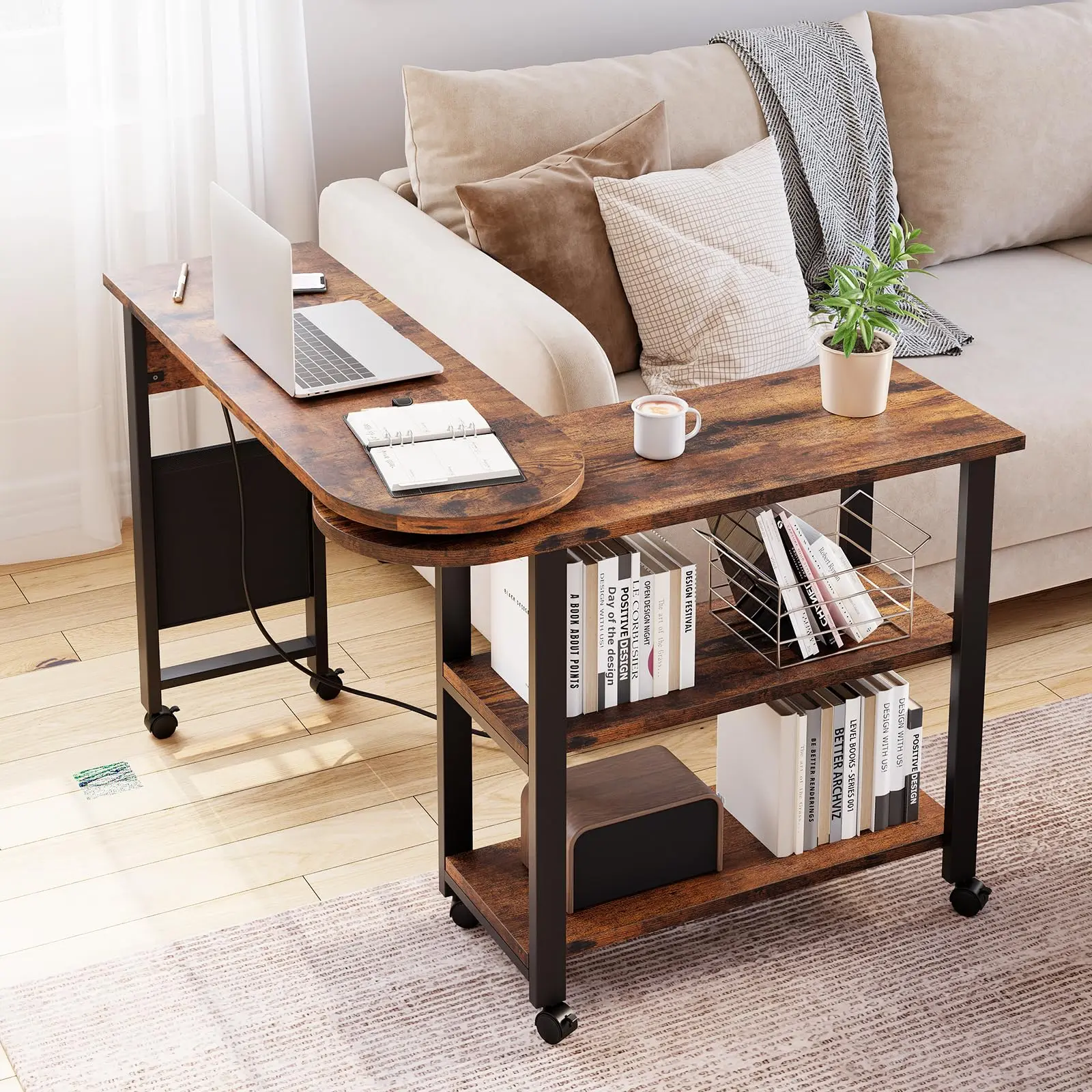 360° Free Rotating Sofa Side Table w/ USB Charging Station on 6 Lockable Swivel Wheels