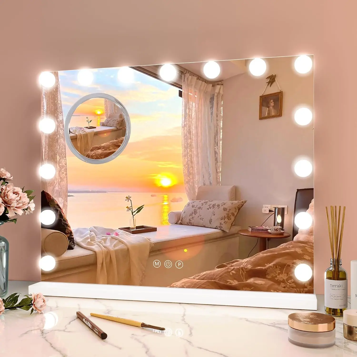 Dimmable LED Lighted Makeup Mirror for Bathroom - Smart Touch Vanity Mirror with 15 Adjustable LED Lights, 3 Lighting Modes, 3X Magnification, Toughened Glass, Detachable Base, Wall-Mountable or Tabletop, Magnetic Safety Hanging Installation, Led Lighted